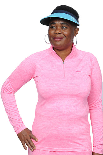 Ladies Long Sleeve Quarter-Zip Activewear Top in Melange Pink.